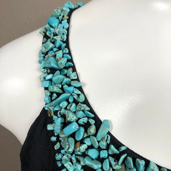 Bebe Black Silk Hand Sewn Turquoise  Nugget Elastic Hem Top Sz S Pre-Own… - Picture 2 of 7